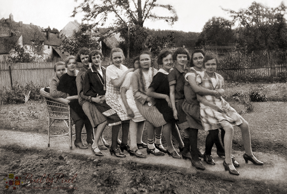 Vintage portrait teenager girls playing outdoors